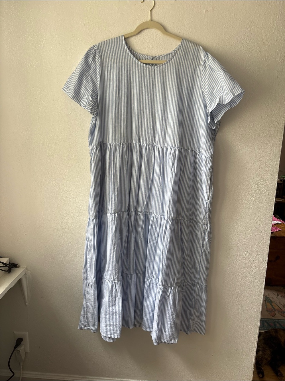 Tradlands Chalet Light Blue Stripe Tiered Short-Sleeve Women's Dress